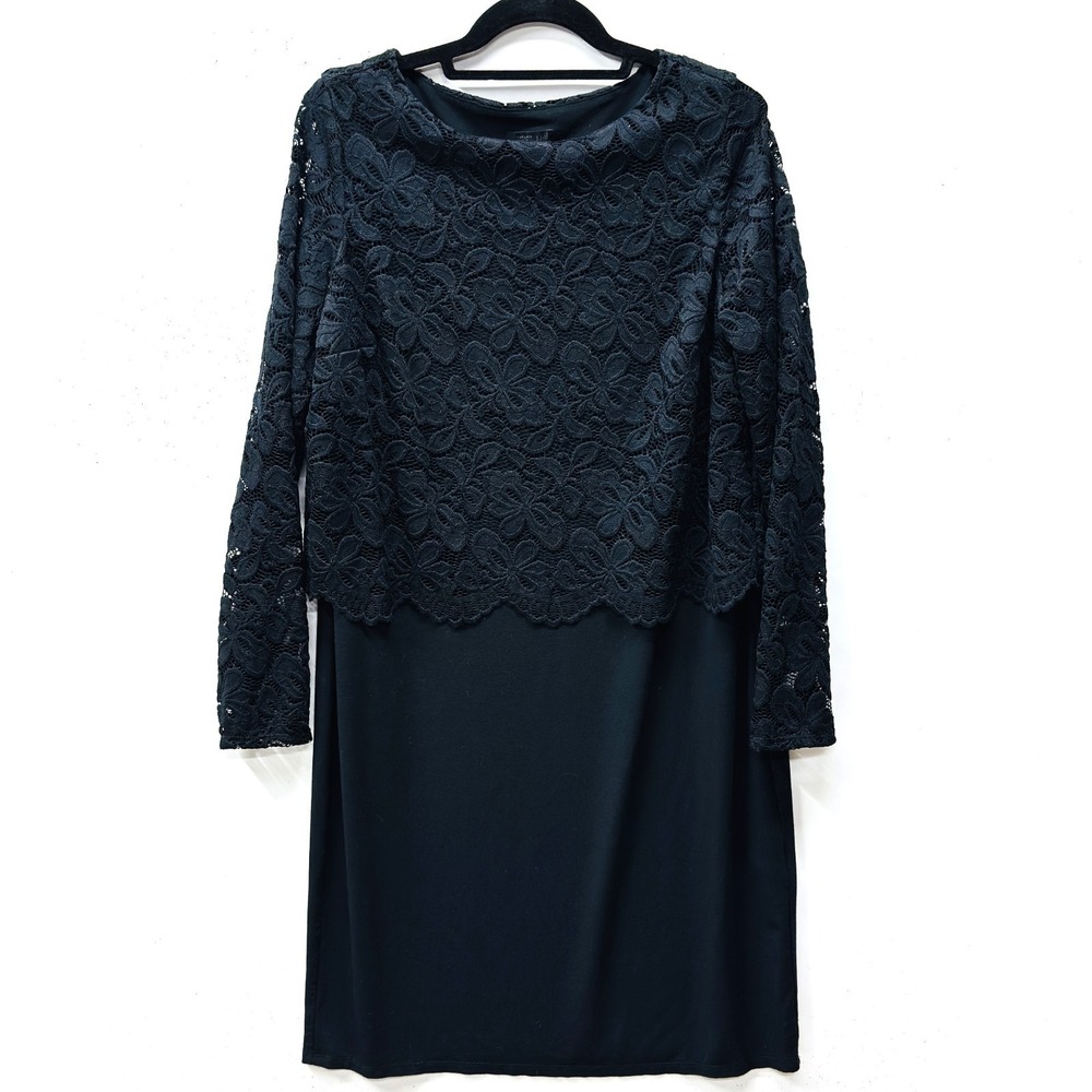 J. Jill Wearever Collection Black Dress, Sz Medium Lace Tier Overlay Rayon Blend